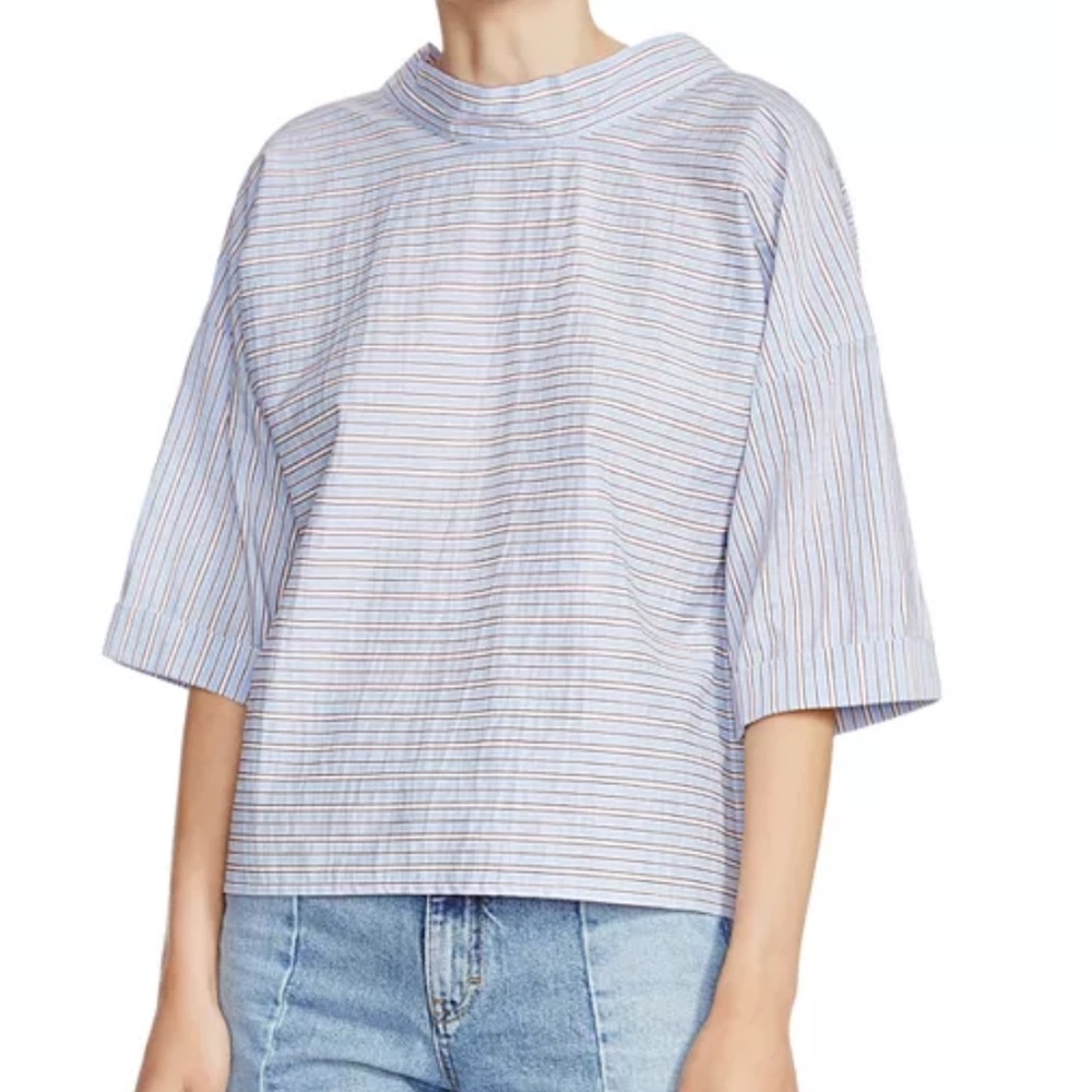 Maje lopa striped top in blue mock neck tie back cotton blend size 3